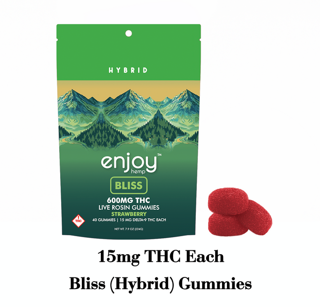 Live Rosin Bliss Delta 9 THC 600mg Gummies (Hybrid-Infused Strawberry) - 15 mg each | 40 gummies